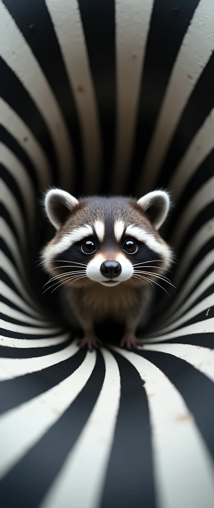 A raccoon peeking out from a vortex-like opening in a swirling pattern of black and white stripes. The stripes radiate outwards from the center, creating a hypnotic effect. The raccoon appears curious and alert, with its eyes wide open and ears perked up. The overall tone of the image is playful and surreal, blending elements of nature with abstract art.