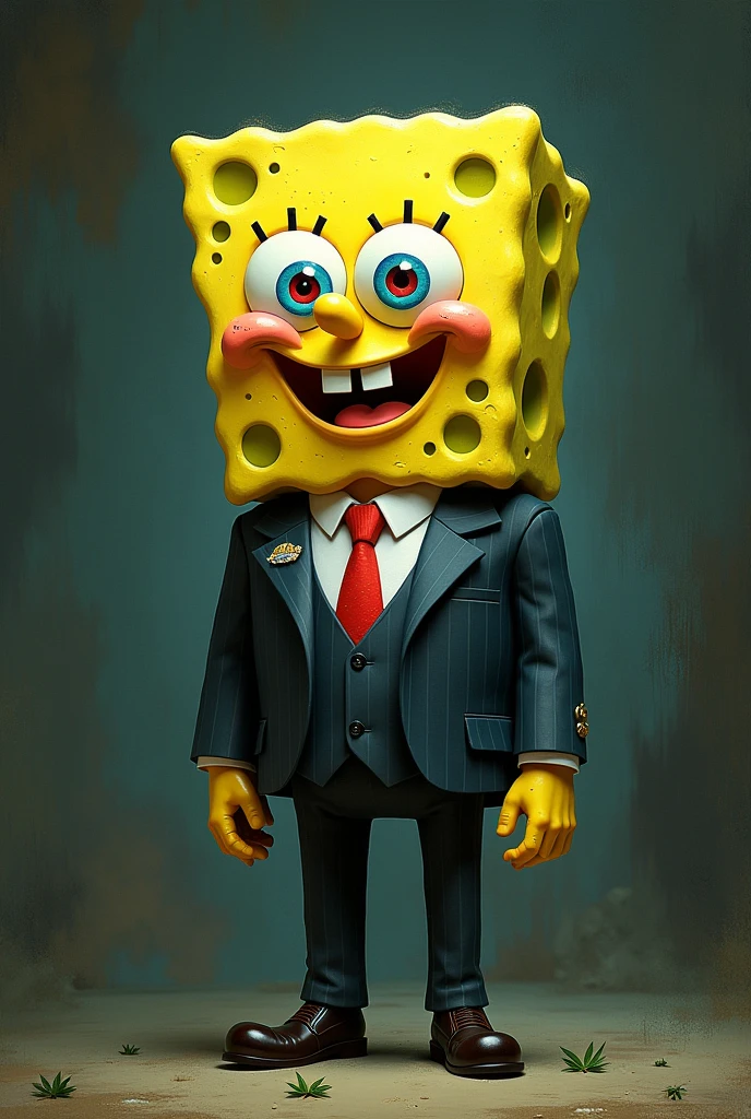 Spongebob squarepants wearing a luxury suit while smoking weed with a red eyes 