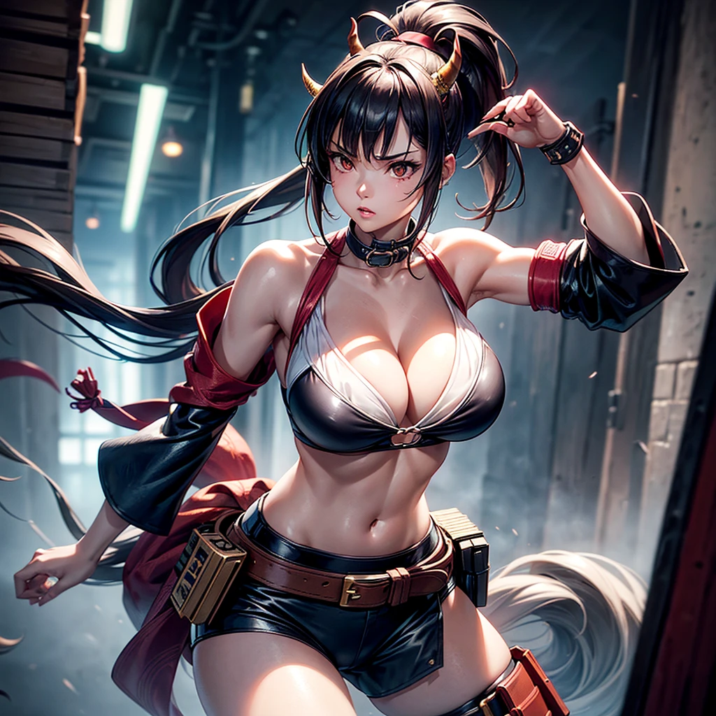 (sketch), (mysterious mood), Score_9, score_8_up, score_7_up, 2girl, 2 beautiful young women with long hair, breasts, looking at the viewer, large breasts, brown hair, cleavage, bare shoulders, cleavage, brown eyes, Shut up, upper body, ponytail, red Japanese clothes, sleeveless, high-cut legs, buttocks, collar, blur, arms up, lips, parted bangs, belt, high ponytail, rope, armband, fighting pose, Ninja, Mai Shiranui, side soft light, highly detailed, masterpiece, fine skin, Hong Kong style woman with rotten horn ghost mask and vintage detailed old high collar cyberpunk samurai bikini, translucent amber horns, glowing Silver hair, big breasts, cleavage, navel, surrounded by cyberpunk Japanese streets, dark color, (surreal, large depth of field, color, 3D octane rendering, 4k trend, concept art, B0ld01lp41nt, dark theme, charcoal \ (medium \), photo_b00ster