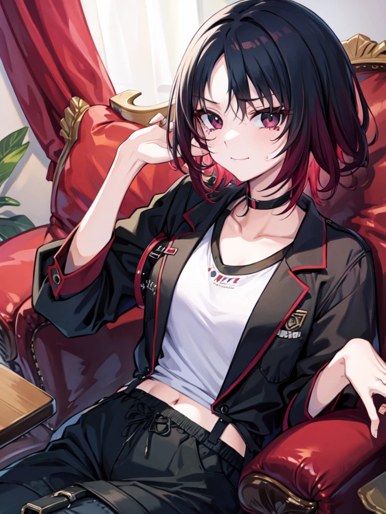 (masterpiece, best quality:1.2), solo, 1girl, kisaragi ren, smile, looking at viewer, black jacket, shirt, black pants,biting own lip,annoyed,angry,crying,crying with eyes open,bedroom