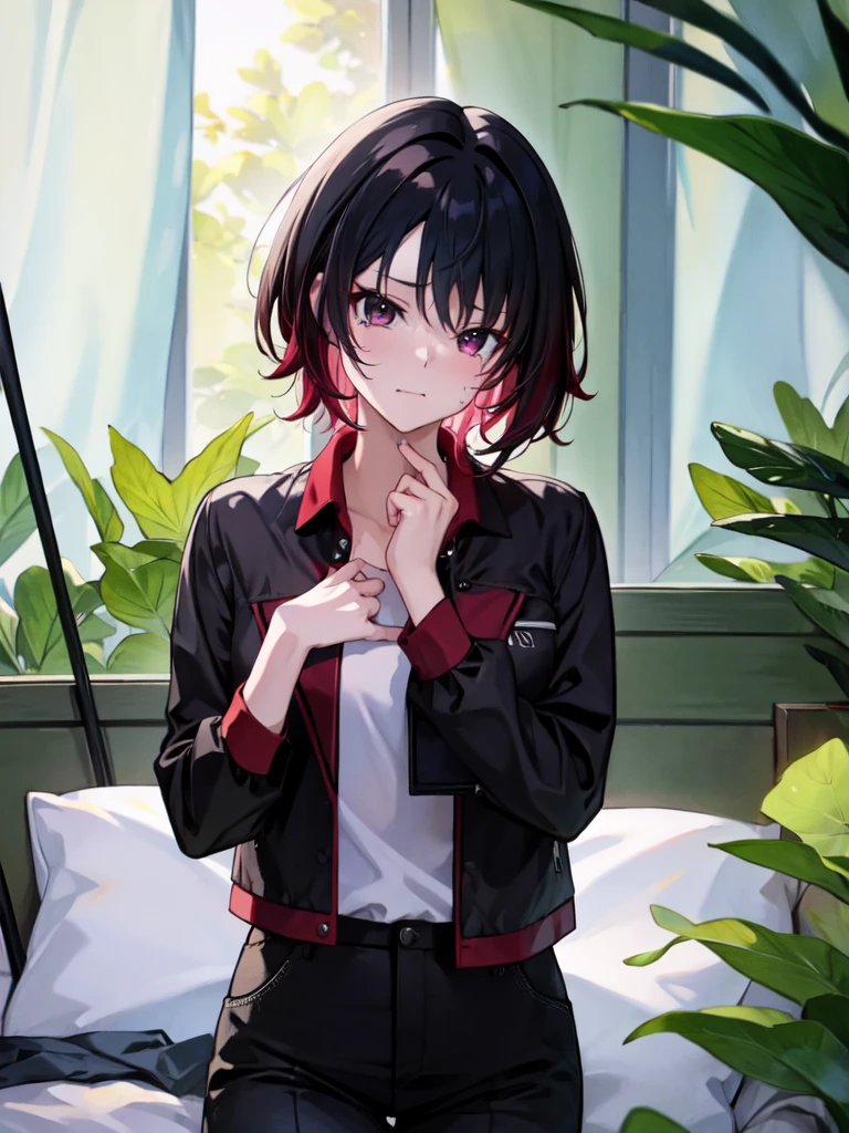 (masterpiece, best quality:1.2), solo, 1girl, kisaragi ren, smile, looking at viewer, black jacket, shirt, black pants,biting own lip,annoyed,angry,crying,crying with eyes open,bedroom