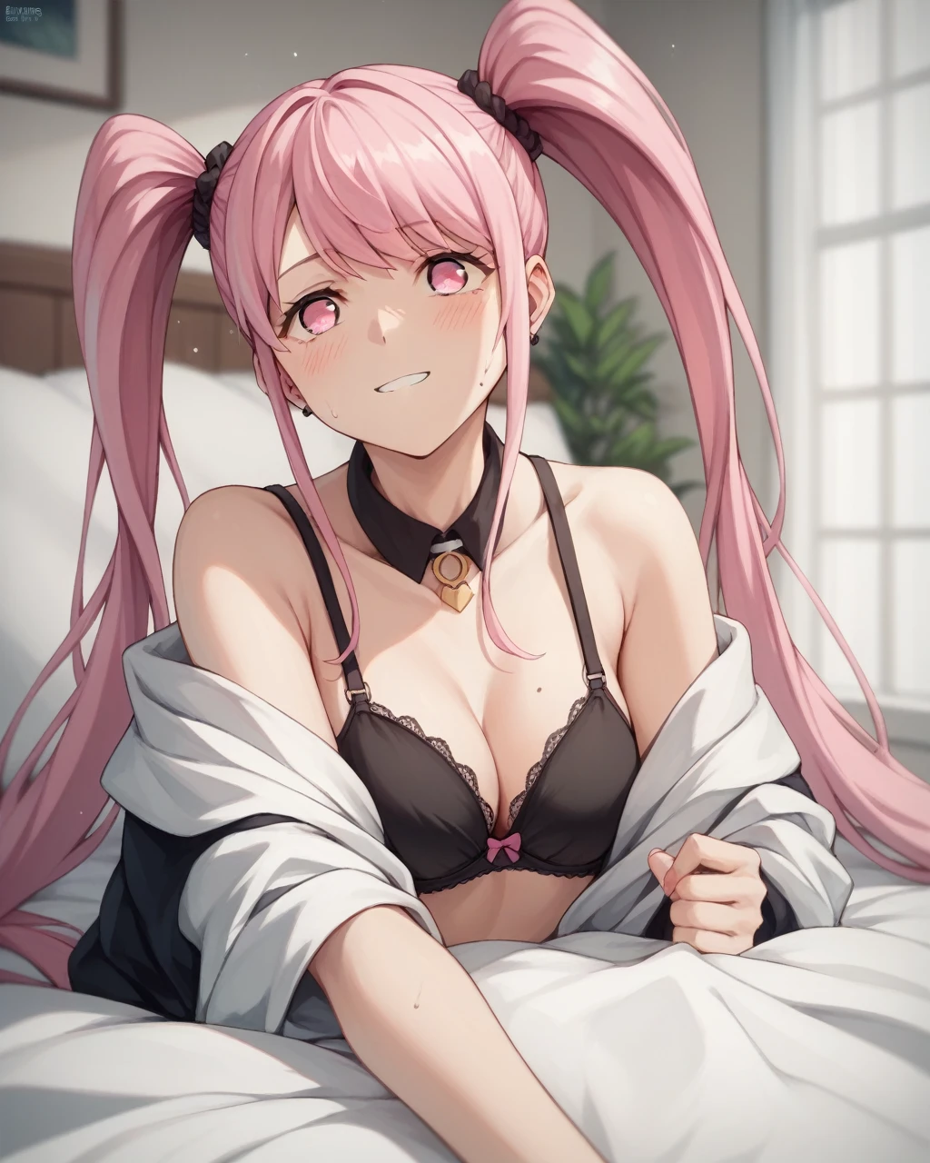 score_9, score_8_superior, score_7_superior,
 I love cute,One person, alone, Pink Hair, Twin tails, Long Hair, Pink Eyes, Black underwear　Black bra　Bedroom　bed　indoor