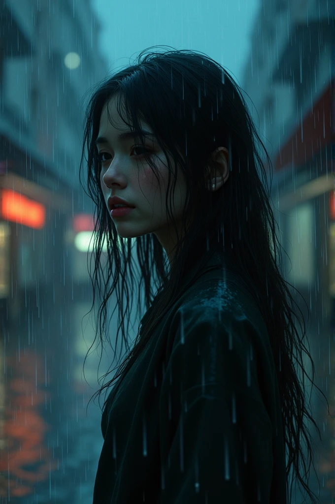A beautiful girl crying while walking in heavy rain in night 