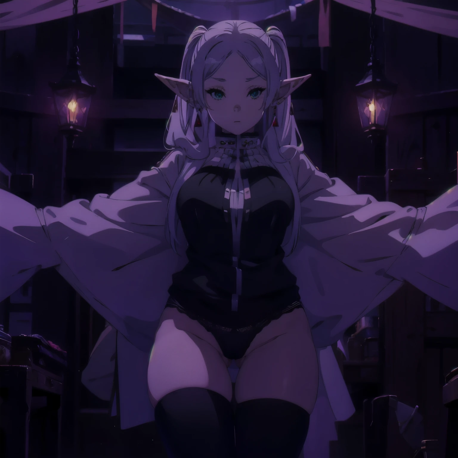 nsfw, 1girl, Frieren, (masterpiece:1.3), sexy pose, in underwear, completely in the frame, sexy, (high resolution), (extremely detailed),perfect face, nice eyes and face, (best quality), (super detailed), detailed face and eyes, (solo), textured skin, absurdres, twintails, very long hair, silver hair, pointy ears, elf, green eyes, earrings, pov, selfie, butterfly, grass, stone street