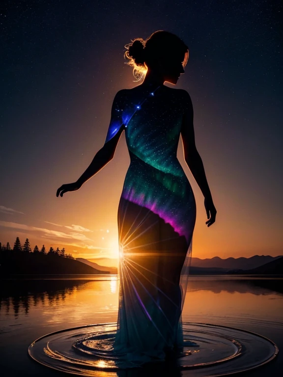 (double exposure:1.3), (The woman's body is so transparent that you can see through to the other side), shadow art, fusion art, silhouette art, masterpiece, woman´s dress reflected on transparent shadow, evening sunset, bright starry sky, light leaks, Sunset reflected on the water surface, scene of a sunset with stars and planets, Waveless lake, (Natural backlighting), floating, (Aurora), nebula, lens flare, (((Beautiful figure girl silhouette))),
