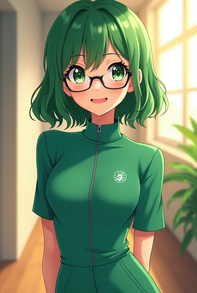 Anime-style girl wearing green jumpsuit and glasses