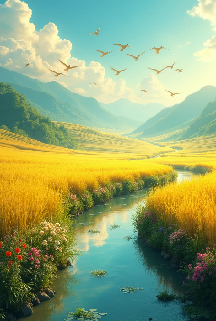 (8k,bright colors,bright,Ultra high saturation,rgb, rich and colorful), cartoon,role conception,Surreal photos,fantasy garden,Aesthetic healing,moon,star,Beautiful and poetic,Minimalism Flat Illustration,Jiangnan countryside in summer,When you walk into this rice field,It's like being in a surreal dream。What unfolds before your eyes is a vast rice field,Golden rice swaying in the wind,The sun shines on it,Let the whole rice field shine with warm light。Rows of colorful wildflowers grow at the edge of a rice field,They sway gently in the breeze,Like dancing gracefully。Standing on the edge of a rice field,You can see flocks of birds singing happily in the wheat fields.,Their chirping blends in with the melodious sound of the wind in the rice fields.,It forms a wonderful natural symphony。Occasionally a bird flies up,Cut through the sky,Leaving beautiful curves,It seems to depict an unparalleled picture of the sky.。There is a clear stream flowing through the rice fields.,the river is crystal clear,Reflecting the blue sky, white clouds and surrounding scenery,Like a living mirror。The river flows slowly,Makes the water sound sweet,It's like nature composed a beautiful music for them.,Dynamic,Hazy feeling,Layering,Has a stunning visual effect,Fascinating lighting,Bright and vivid colors,clair obscur,Flat,Minimalism,high quality,High Detail,HD,masterpiece,masterpiece,The painting style is meticulous,Refreshing colors,HD,in the style of Pre-Raphaelite Brotherhood,starry Sky,Abstract mosaic painting,Describing the inner world of autistic people,Sense of space,White space,interesting,Innocence,Psychedelic Art,Cute Q version Cartoon style,Simple background,rich and colorful illustrations, bright colors, Full body portrait, HD, Cute HD graphics