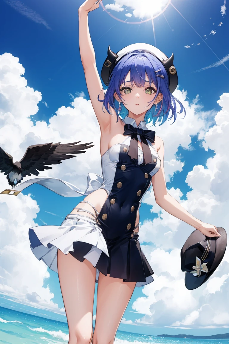 (Towa Tokoyami, Hololive), (Day:1.7), Sky Background,Blue sky and clouds, Upright and immobile posture,Underarm,Raise your arms, ((Completely naked)), (紫colorの髪,short hair, Black Hat, beret, False horns, hair ornaments, Earrings, devil'tail, 1 person, 20-year-old,young woman,beautiful Finger,beautiful long legs,beautiful body,beautiful Nose,beautiful character design, perfect eye, perfect face, View your audience), (Innocent_big_eye:1.0),(Expressionless:1.3), Browsing Caution,Official Art,Very detailed CG ユニティ 8k 壁紙, Perfect lighting,colorful, bright_front_face_Lighting, (masterpiece:1.0),(Highest_quality:1.0), 超High resolution,4K,Very detailed, photograph, 8k, High resolution, High resolution, Absurd:1.2, Kodak Port 400, Film Grain, Blurred Background, Bokeh:1.2, Lens flare, (Vibrant_color:1.2) (beautiful,Moderate_chest:1.4), (beautiful_face:1.5),(narrow_Waist),(Perfect hands, Perfect Anatomy),
