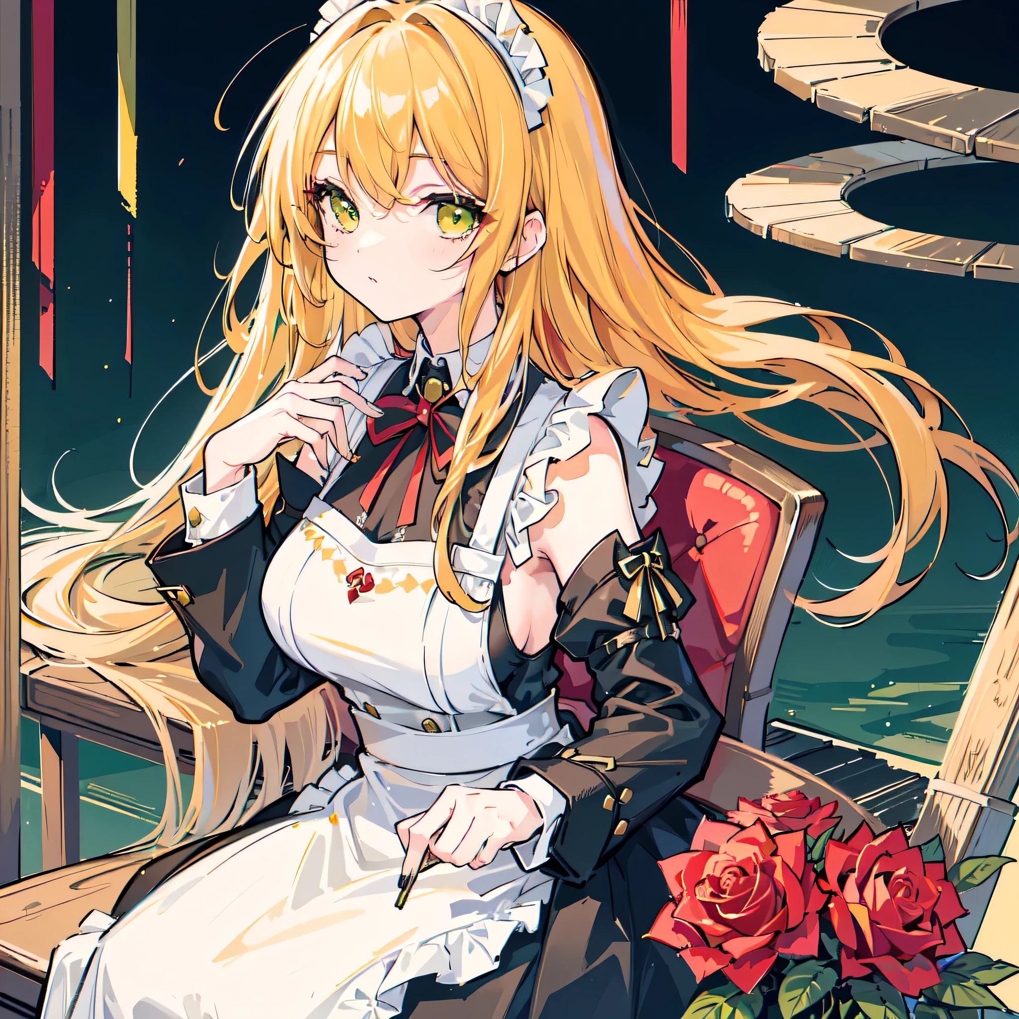 one woman, alone, ((big: 1.4)), ((high resolution)), ((Masterpiece)), ((best quality)), (very detailed)), big_File size, Full color, Detailed background, long yellow hair, Green Eyes, (eyeliner),maid, Maid outfit, red, sit, nighttime, rose
