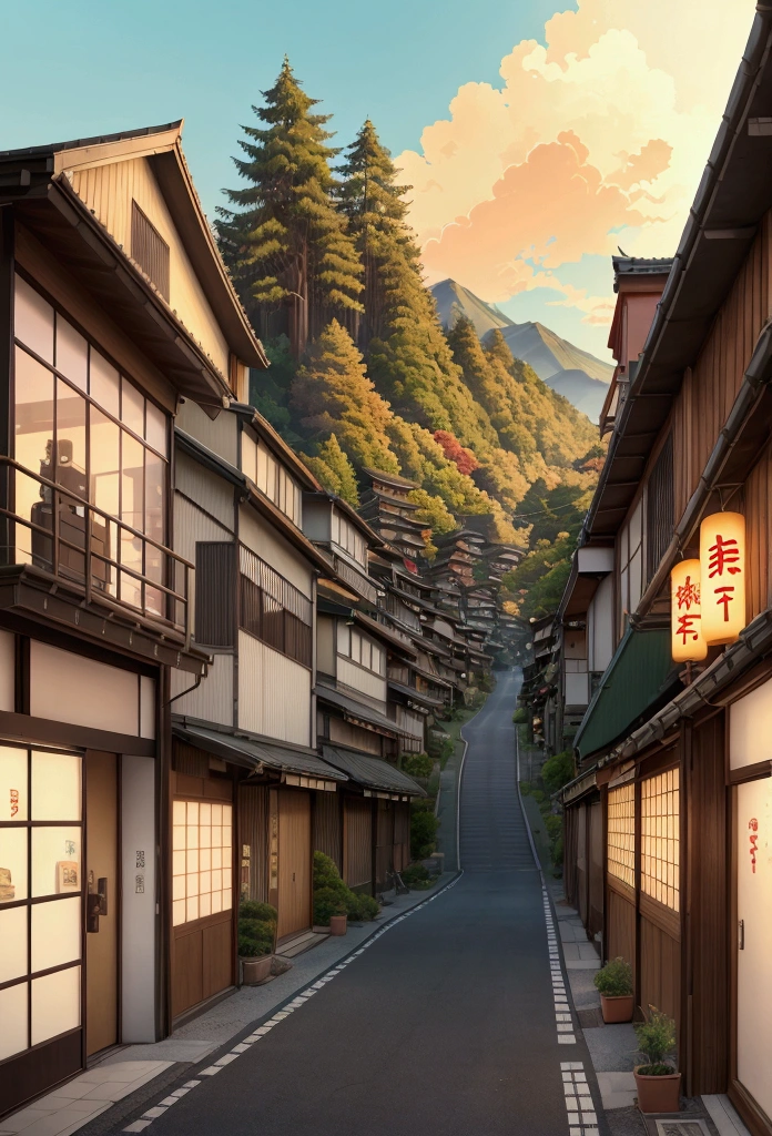 anime background, anime wallpaper, anime, anime style, lofi, lofi style, modern japanese rural street, mountains, uphill, modern japanese architecture, japanese convenience store, big retro japanese shop signs, retro japanese store, trees, plants, rocks, plant pots, shop signs, japanese banners, japanese signs, flags, sunrise, golden hour, golden lighting, empty street, no one in sight, (no one: 1), best quality, no people, no characters