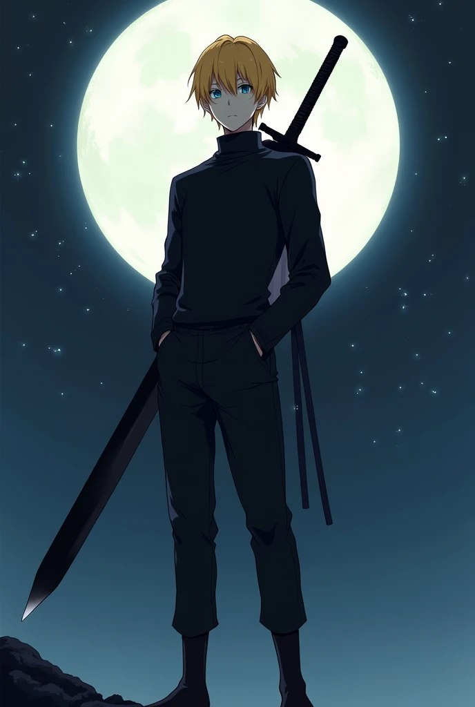 ((high definition, lighting)), ultra-detalied, 1male, solo, thin build, 190 cm tall, full body focus, yellow hair, blue pupils, only in black turtleneck with long sleeve, only in black pants with black belt, only in black socks, only in black shoes, full black thin two-handed sword on back, looks at the viewer, calm look, high detail anatomy, high quality image, calm stance with hands in pocket, detailed body, high-quality image, high-quality details, short hair, ((anime style)), masterpiece, best quality, highres, super detail, accurate, high details, 4K, UHD, moonlight color aura with moonlight color small stars near,