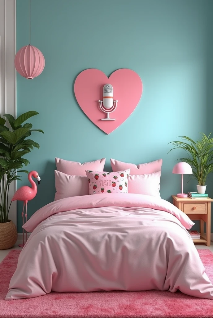 A room for a modern woman, a pink heart pastel e azul ciano pastel, a sign above the headboard that says Larissa with the microphone symbol, strawberry pillow with the name Larissa, a pink heart, plants, a flamingo lamp, on the nightstand with the pink velvet rug