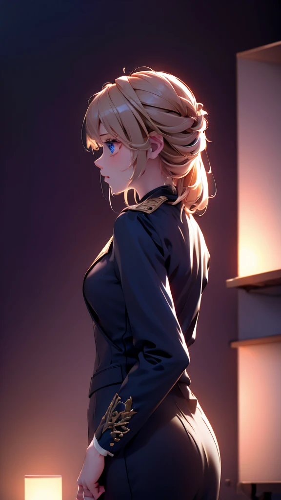 1 Girl, medium light gold hair, light blue eyes, wearing Black Suit 4D , night club TOWN 18+, high res, ultrasharp, 8K, masterpiece, looking from behind