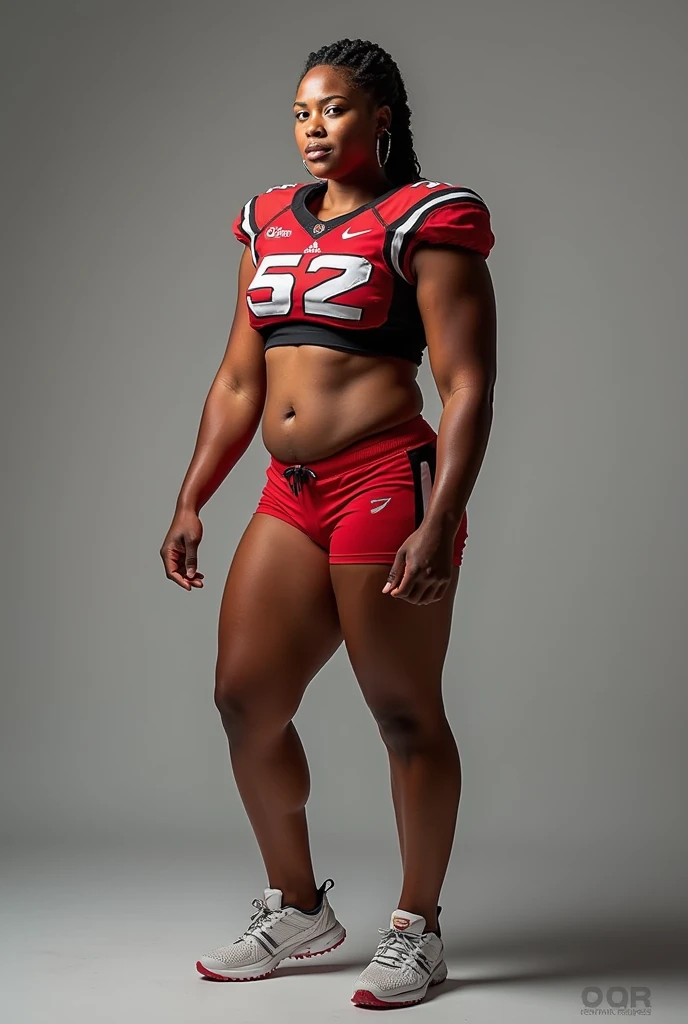A photo of Jade Thompson, a fullback for the female Georgia Bulldogs football team. Number 52. african American and curvy