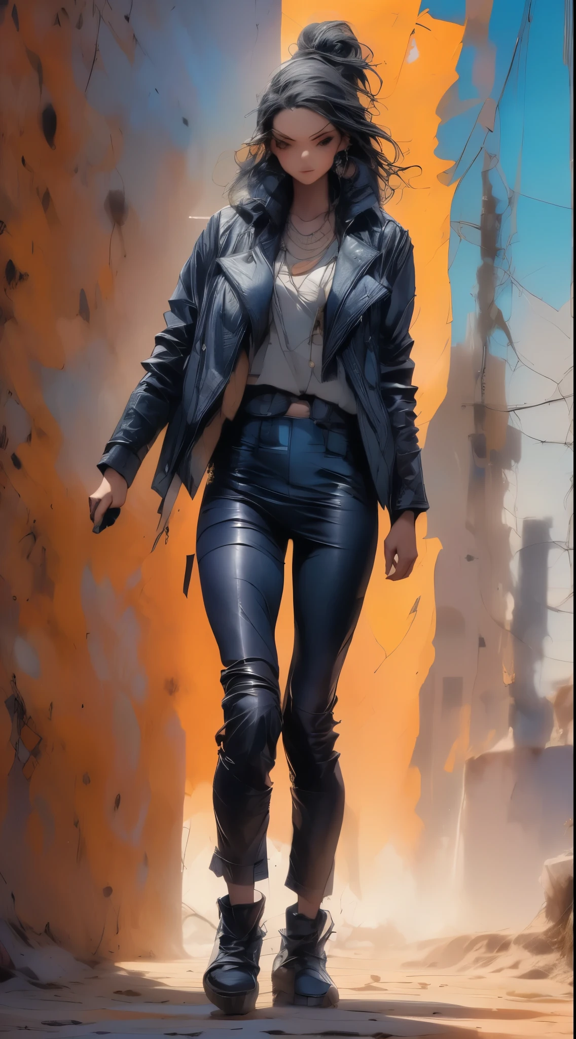 anatomically correct, (Best Quality,4k,8k,High resolution,masterpiece:1.2),ultra detailed,(realist,photorealist,fotorrealista:1.37),((1 girl,biker style suit, black leather jacket:1.5)), High ponytail,incredibly long hair,cowgirl pose,looking at the viewer,Leaning forward,by Santiago Caruso,by Mike Azevedo,detailed eyes,detailed lips,extremely detailed face,long eyelashes,dynamic pose,striking,vibrant colors,warm lighting.AC_neg1