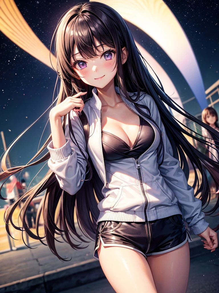 best quality,,smile,blazer,swimsuit,School,group of,Track jacket,Physical education class,JK,Sexy and cute,future,Wearing a fastener bra,zipper bra,Long Hair,She has her bangs down,Purple Eyes,evolution系ファッション,Cuteness at its finest,Sparkling,Leather shorts,beautiful,middle School girlultiple girls are depicted,harem,idol group,infinite possibilities,Hair tucked behind ear,futureの服装,evolution,starry sky background,photo shoot,long hair,wearing a cardigan,beautiful girlの国,girl's paradise,highest quality,big breasts,leather jacket,happy girl,horny girl,Blue eyes,perfect face,standing position,She has her bangs down,fur jacket,Beautiful eyes,smooth hair,perfect eyes,beautiful girl,Angel Girl,multicolored hair colors,naughty girl,beautiful,High-dimensional beautiful girl,Multidimensional beautiful girl,gathering,Group、,