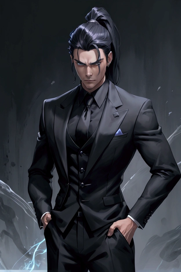 1BOY, MAT BLACK BUSINESS SUIT, BLACK HAIR, PONYTAIL, STANDING, HANDS ON POCKET, DARK AURA, AURA COMING OUT BODY, FANTASY, POWER, (Envy Fantasy Mix 03), 8K EYES, HIGHLY DETAILED EYE'S,