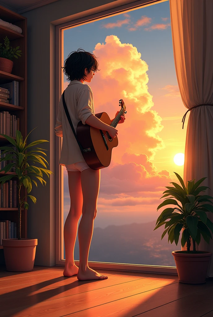 (one person's), 20-year-old, detailed explanation, Black-haired, Hair length, (White underwear), White shirt, In front of a large window, (Standing by the window), play the guitar, Backward view, Inside the room, Hardwood Floors, Bookshelf, Foliage plant, Big cloud outside the window, Portraiture,sunset