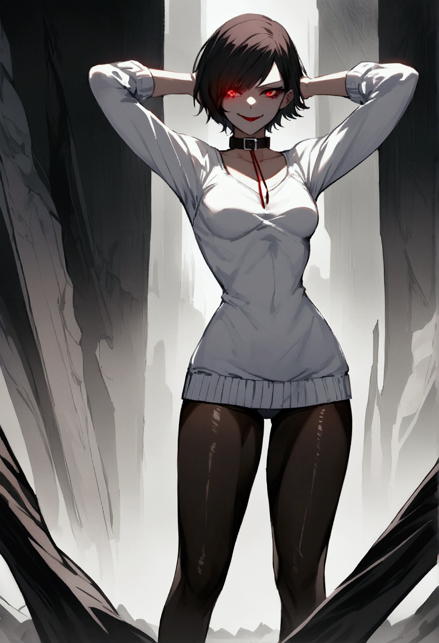 standing,alone,short hair,work of art,face detailed,young fitness linda,Wearing black pantyhose,tight white sweater with collar ,neckleace,evil smile,red eyes glowing,labiaa,eye shadow,bangs on the eyes,Hands behind the head city
