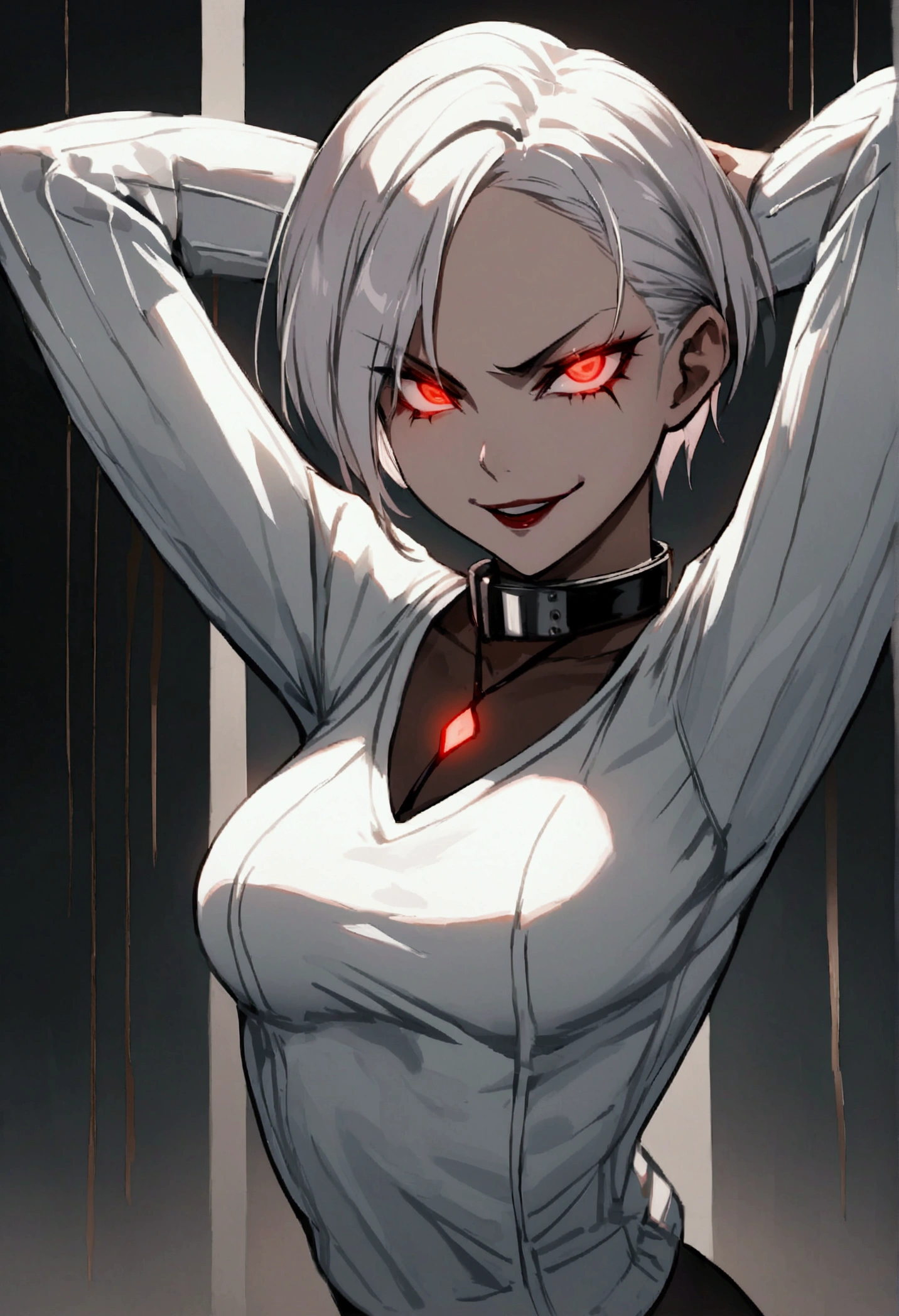 standing,alone,short hair,work of art,face detailed,young fitness linda,Wearing black pantyhose,tight white sweater with collar ,neckleace,evil smile,red eyes glowing,labiaa,eye shadow,bangs on the eyes,Hands behind the head city