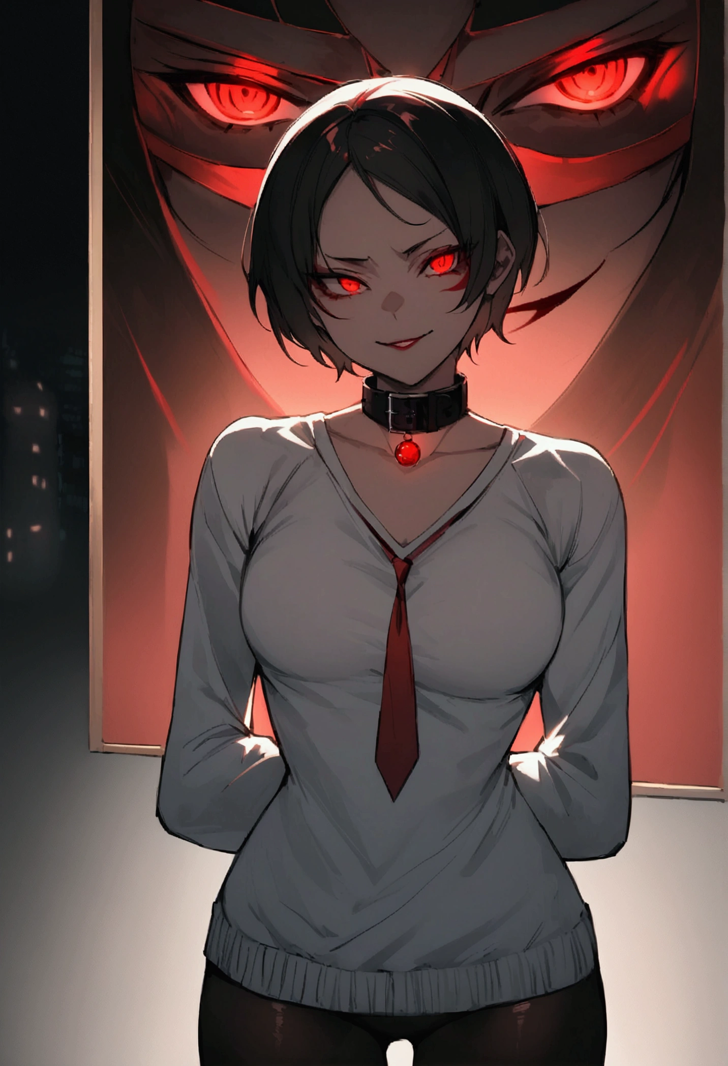 standing,alone,short hair,work of art,face detailed,young fitness linda,Wearing black pantyhose,tight white sweater with collar ,neckleace,evil smile,red eyes glowing,labiaa,eye shadow,bangs on the eyes,Hands behind the head city
