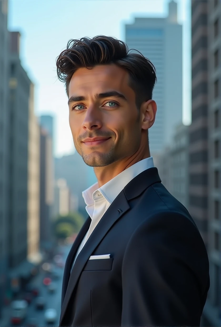 mixed race young man,beautiful detailed blue eyes,DARK hair,black suit,confident expression,sharp jawline,Vibrant skin,smiling,pretty face,standing pose,Cityscape,Professional studio lighting,realisti,photorealisti:1.37,Portraits,Vivid colors,cooler Ton,Soft lighting