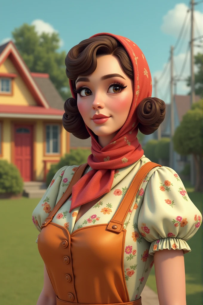 A middle-aged woman with light brown hair, kept in rolls under a colorful scarf, typical of housewives from the 70s. She wears a flowery dress, complemented by a simple and practical apron. Her skin tone is light, with a generally serious expression, but sometimes it opens up to a warm smile. She has distinct facial features with arched eyebrows and expressive eyes.. The character is in a simple neighborhood setting, with a colorful house in the background, reflecting the nostalgic atmosphere of a classic comedy.