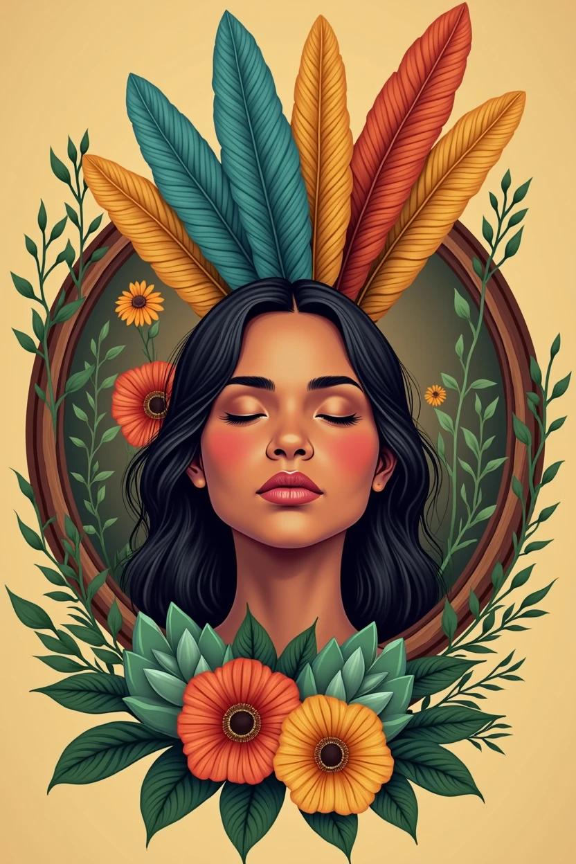 Illustration of the round face of a Colombian indigenous woman with cinnamon-colored skin, eyes closed looking forward, She wore a headdress with orange., yellow, Aquamarine and ochre colored feathers, surrounded by flowers, Succulents and vines in a wooden circle on a white background.