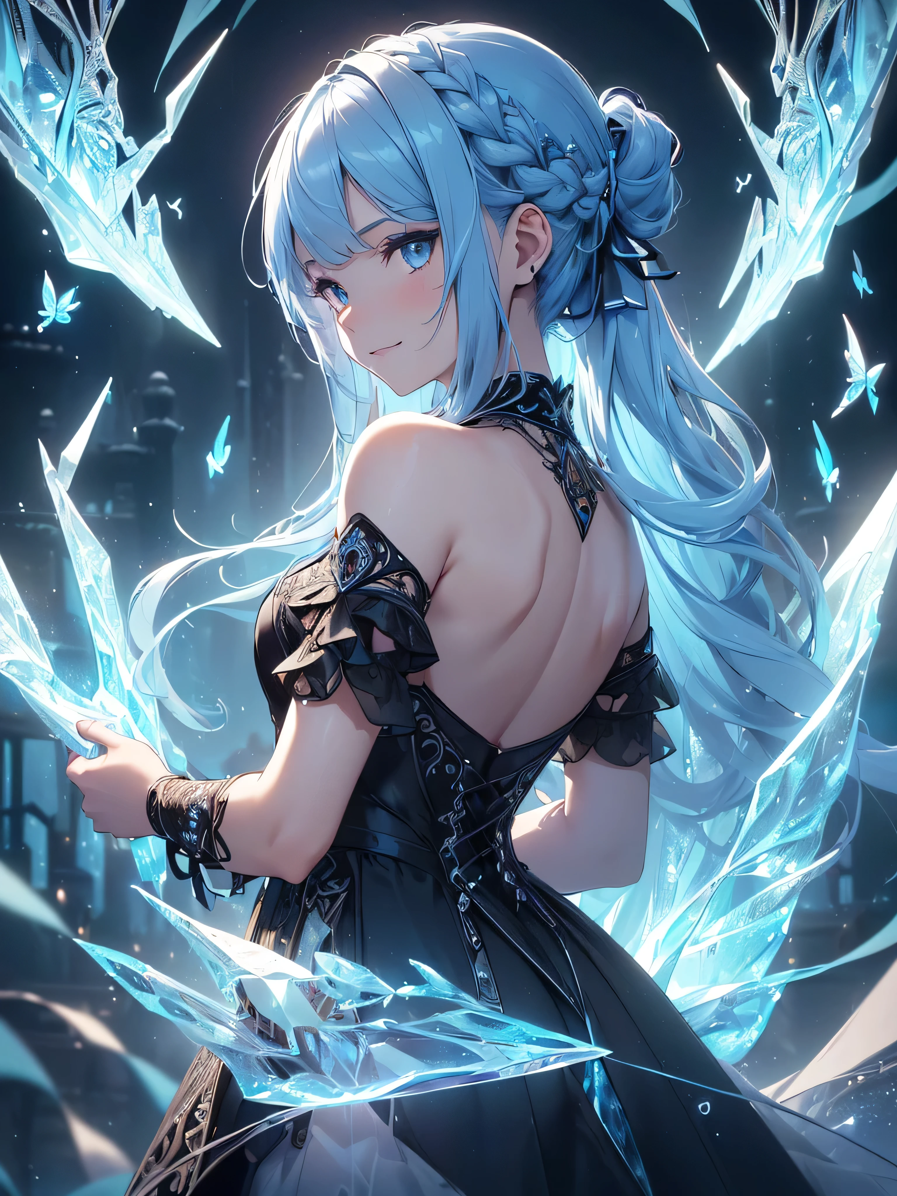 (((best quality, sharp image, clear image, cinematic lighting, 8k resolution, masterpiece, ultra detailed, intricate))) Girl, (((looking over shoulder))),shot from behind, sorcerer, cute, ice blue hair, intricate dress, black dress, braided hair, ribbons in hair, smiling, Ice blue, ((intricate background)), (rune frame), dimension, (ice butterflies), ice roses.