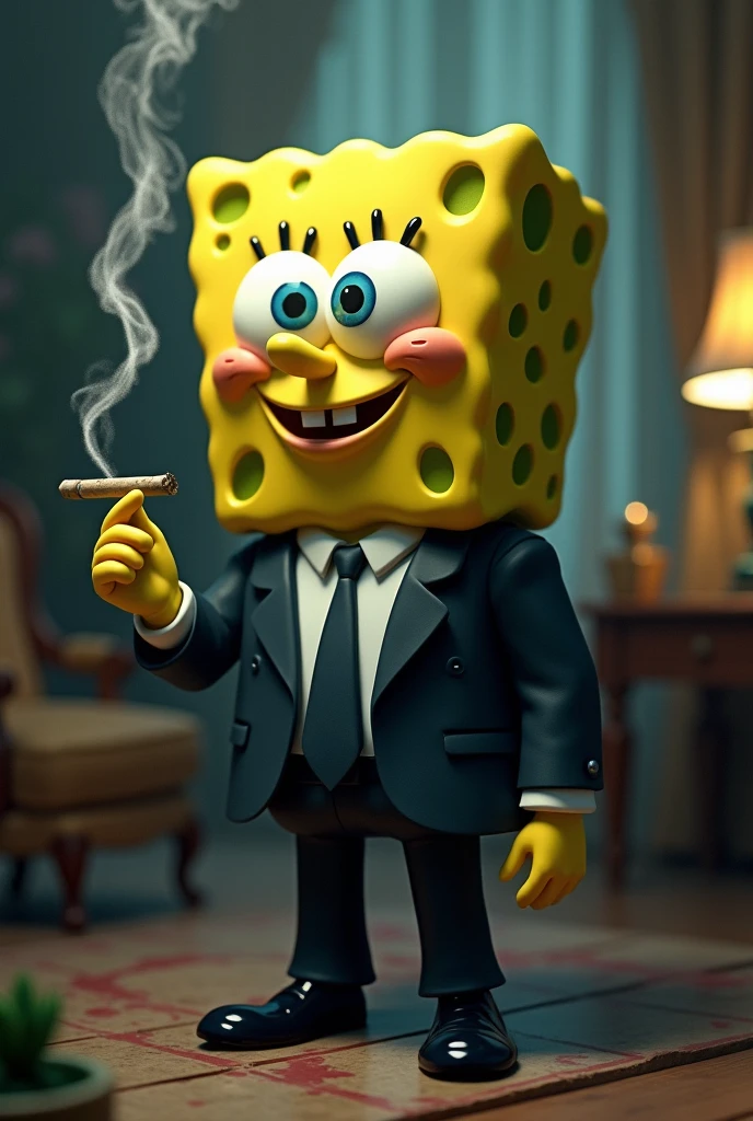 Spongebob squarepants wearing a luxury suit while smoking ganja