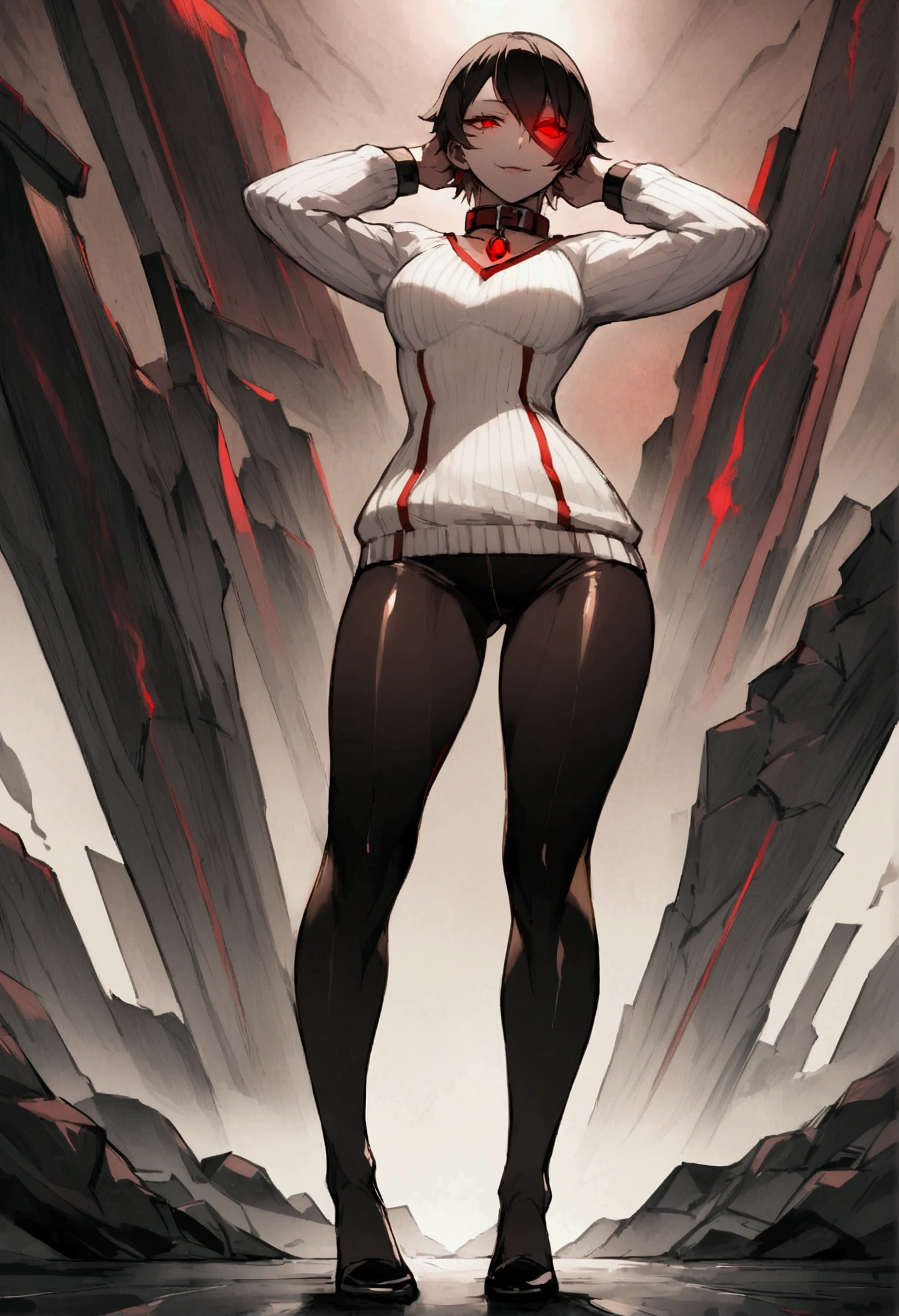 fully body,standing,alone,short hair,work of art,face detailed,young fitness linda,Wearing black pantyhose,tight white sweater with collar ,neckleace,evil smile,red eyes glowing,labiaa,eye shadow,bangs on the eyes,Hands behind the head city