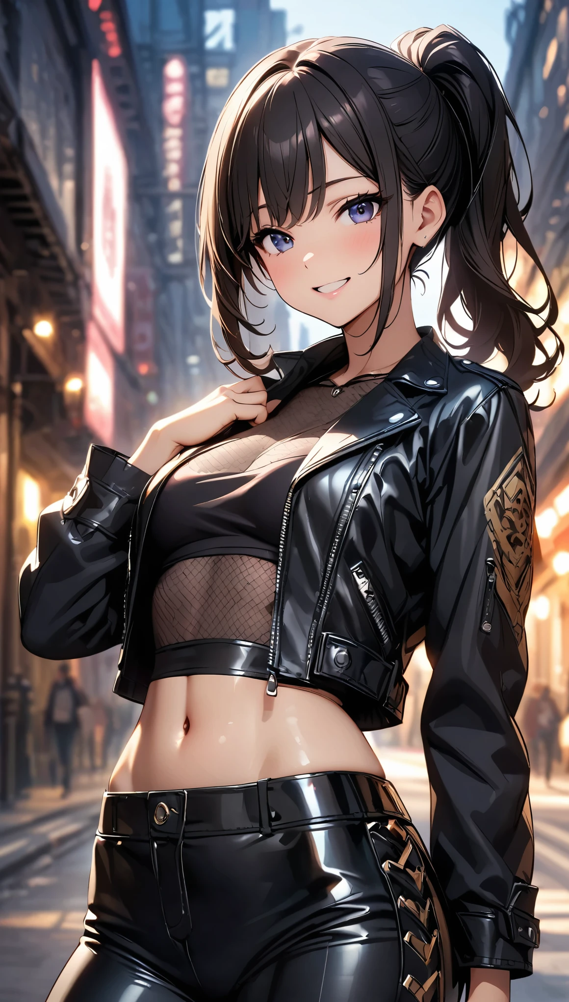 Commemorative photo, 1 person, JK, ((Body net:1.2, Black Leather Jacket, Tube top innerwear, Leather pants)), smile:1.2, (Long black hair, Raised ponytail, Dazzling look, Open your mouth a little, Light and shadow with attention to detail, Background Blur, (Highest quality:1.2, 4K, 8k, Very detailed, Attention to detail, masterpiece:1.2, Best aesthetics),