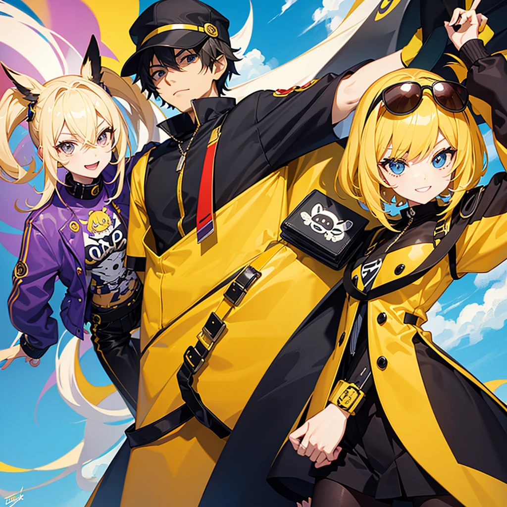 A unique fusion of anime characters, featuring Cynthia and Mr. Peanut. Cynthia is shown with blonde hair, a stylish outfit, and her signature sunglasses. She is fused with Mr. Peanut, who has an anime-style design, wearing a peanut-shaped hat and having a humanoid body. The overall artwork has a vibrant color palette, and the fusion character exudes confidence and charisma.,