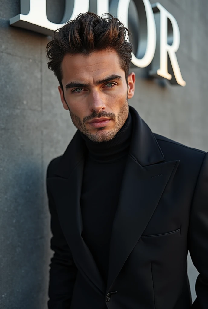 A handsome grey eyes handsome man, nice hairstyle, in a dior fashion show with dior board behind, in a good pose for paparazzi to snap him pictures