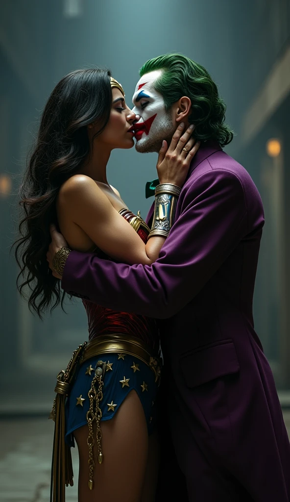 Wonder Woman and Joker kiss, very high quality 16k resolution images. in depth and detailing.