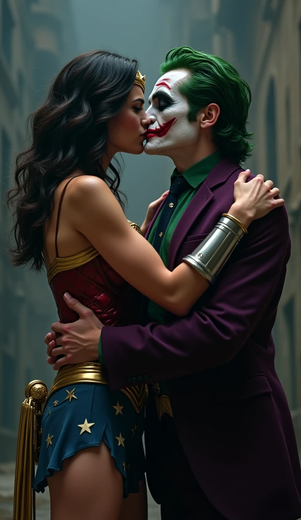 Wonder Woman and Joker kiss, very high quality 16k resolution images. in depth and detailing.