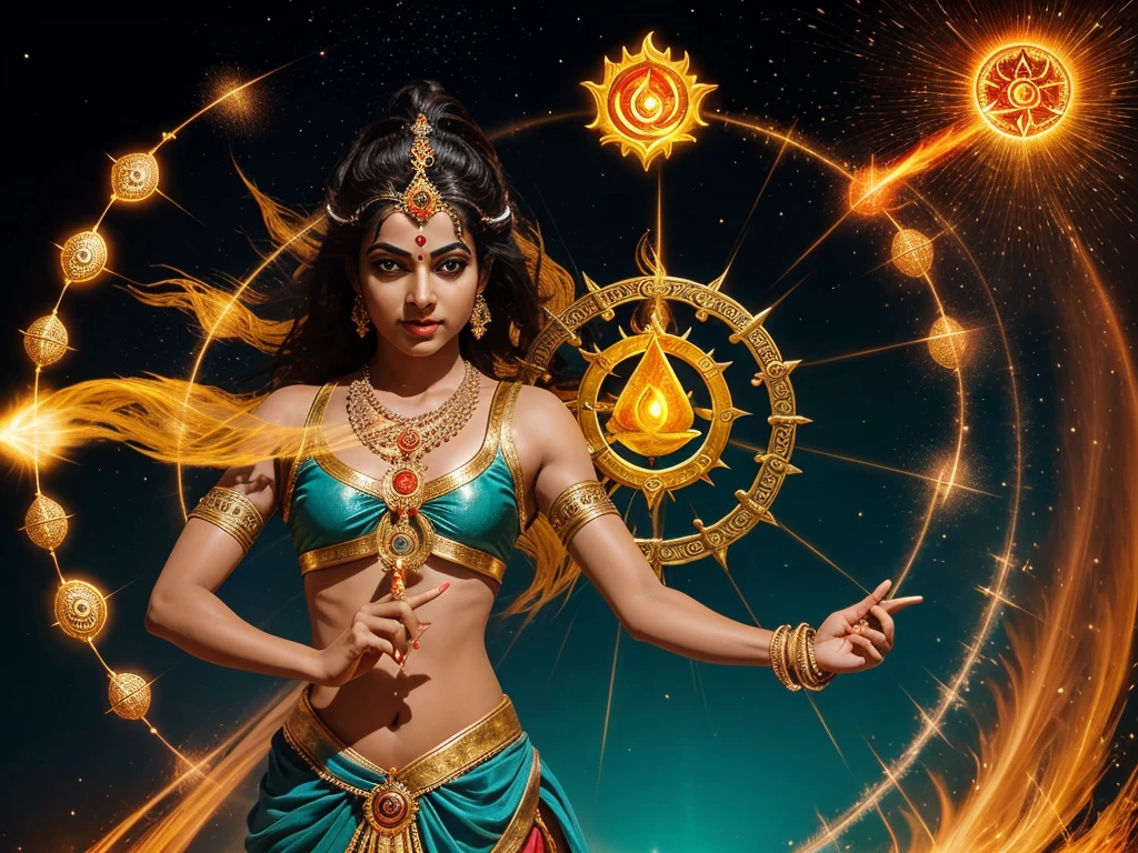 Show Lord Krishna wielding the Sudarshana Chakra, demonstrating his power and control. Show the Chakra spinning at high speed with the flick of his fingers. Show the glow and energy of the Chakra as a sign of Krishna's power and divinity.