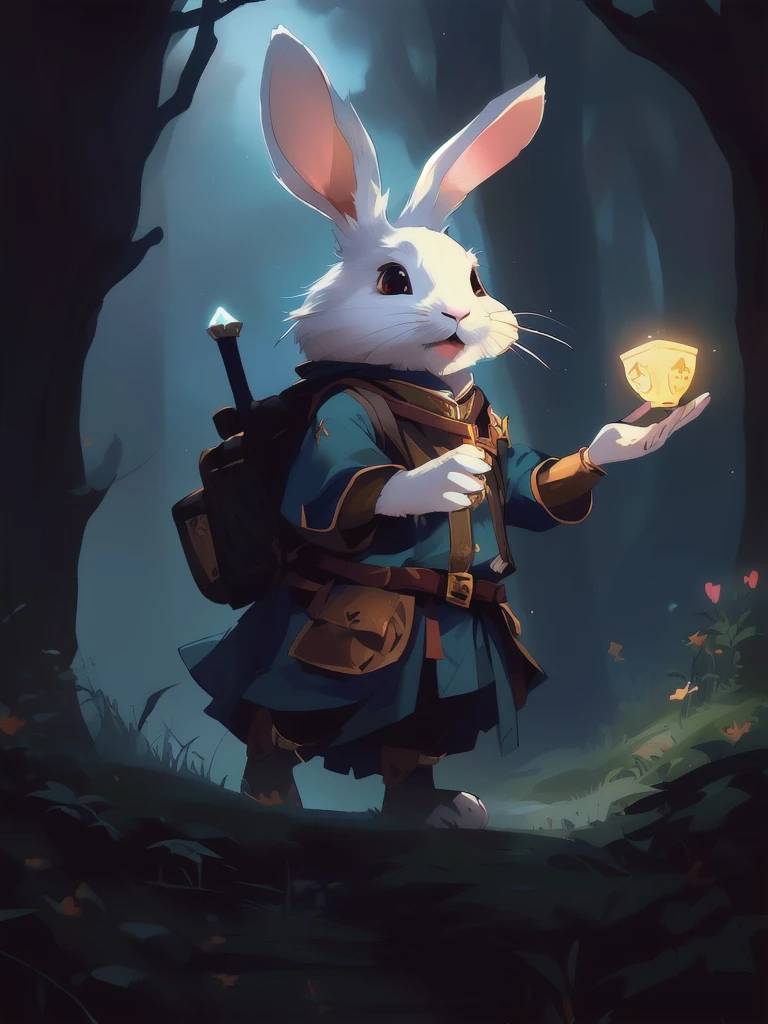photorealistic vertical scene, White Rabbit, который держит кусок gem,  stone, gem, hobo rabbit, Rabbit Traveler, Cartoon Rabbit, rabbit thief, white rabbit, Collectible cards, fantasy card game art, Rabbit Warrior, the white rabbit, anthropomorphic rabbit, Wojtek fus, cute anthropomorphic rabbit, card game illustration,  medieval wanderer&#39;s robe, backpack, Bag, Dark forest, Sinister лес, dark forest, frowning,(Sinister),(creepy),(darkness),(overgrown),(Primordial),(wild),(ancient),(mystical), Moonlight, mystery, Mature and dramatic style, the style focuses on environmental details, masterpiece, best quality, high quality, detailed, intricately detailed, Finely detailed, super detailed, depth of field, taken with a Canon EOS 135mm f1 lens.8 portrait [X], breathtaking illustrated, simple, featured on piXiv, muted colors with minimalism, Super detail, 8k --ar 2:1 --s 250 --style scenic 