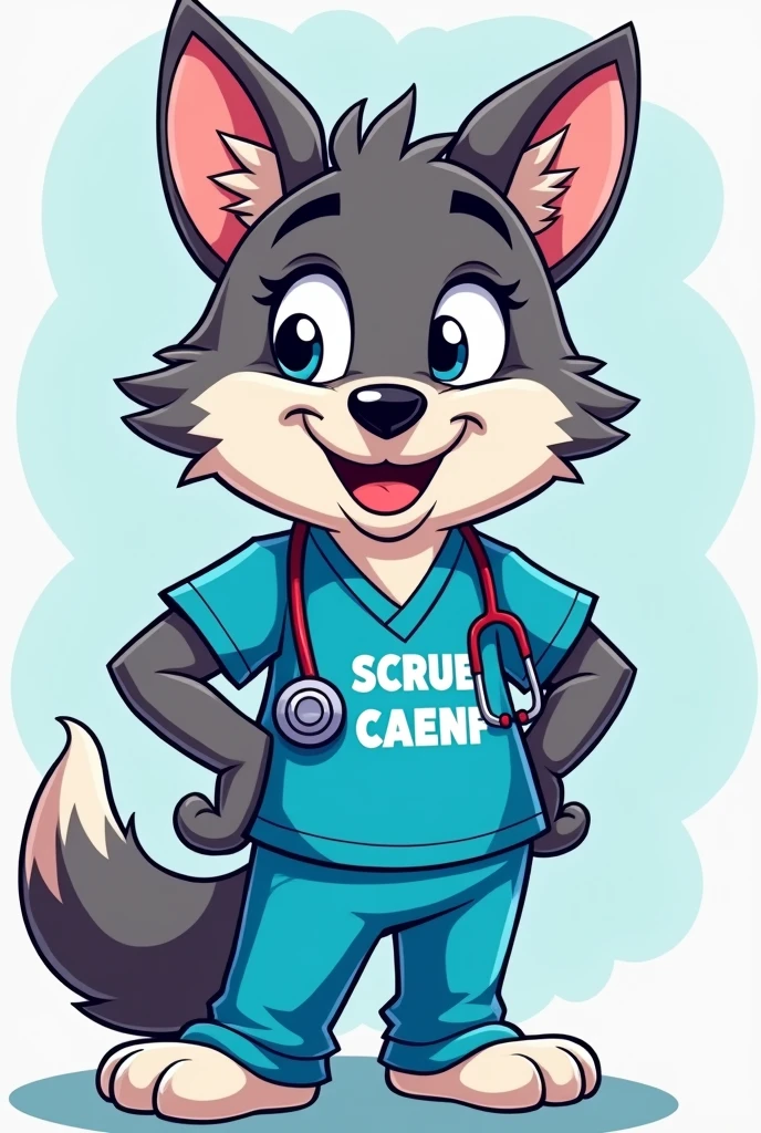 Create a mascot for an academic nursing center Description of the mascot:
Cartoon wolf with SCRUB written CAENF and a stethoscope around its neck
