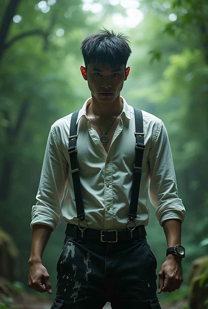Solo male,gentleman Chinese-korean,covered with milk,cargo pants, face, raw photo, fit slim body, veined hands, chav, scally,, agressive, forest, youthful, necklace, bully, 25yo, backlight, from below, formal shirt, harness
