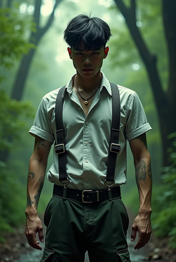 Solo male,gentleman Chinese-korean,covered with milk,cargo pants, face, raw photo, fit slim body, veined hands, chav, scally,, agressive, forest, youthful, necklace, bully, 25yo, backlight, from below, formal shirt, harness