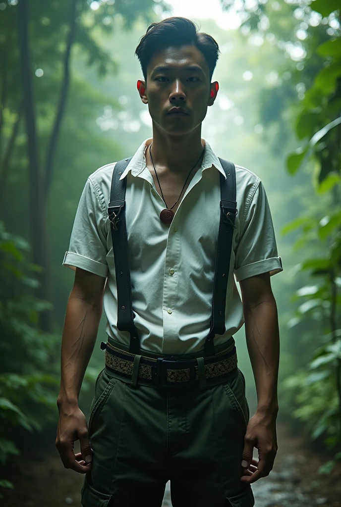 Solo male,gentleman Chinese-korean,covered with milk,cargo pants, face, raw photo, fit slim body, veined hands, chav, scally,, agressive, forest, youthful, necklace, bully, 25yo, backlight, from below, formal shirt, harness