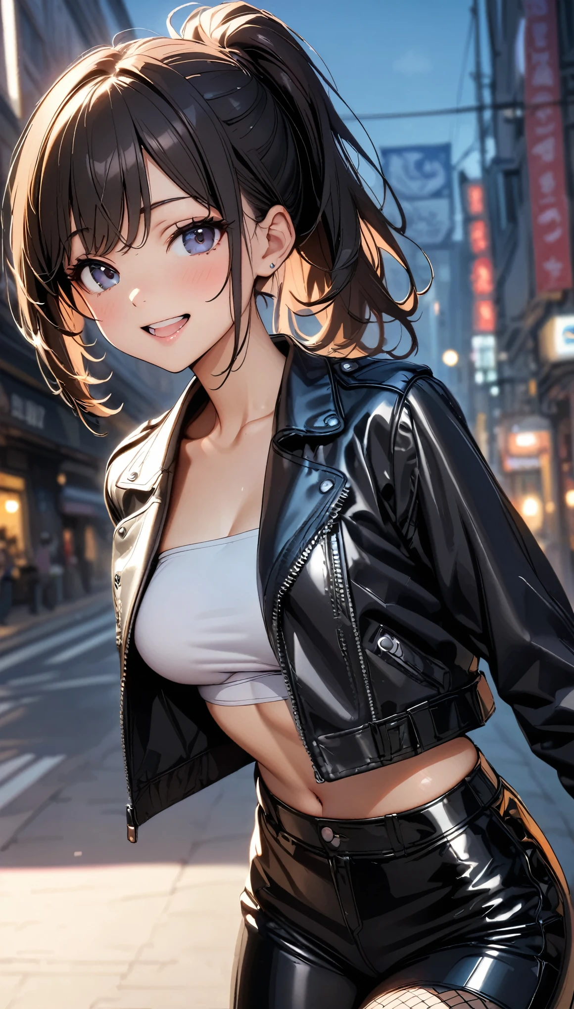 Commemorative photo, 1 person, JK, ((Body net:1.2, Black Leather Jacket:1.3, Tube top innerwear, Leather pants)), smile:1.2, (Long black hair, Raised ponytail, Dazzling look, Open your mouth a little, Light and shadow with attention to detail, Background Blur, (Highest quality:1.2, 4K, 8k, Very detailed, Attention to detail, masterpiece:1.2, Best aesthetics),