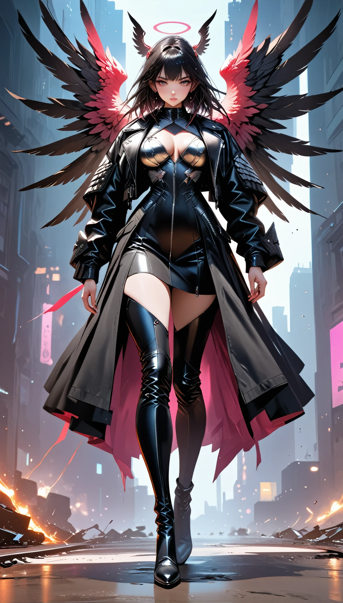 a picture of an mecha angel wearing black leather jacket, ((full body: 1.5)), exotic beautiful angel ((anatomically correct: 1.5), (ultra detailed face: 1.2), best detailed face, busty, folded wings, white angel wings, (white mecha armor: 1.3), she is wearing ((black leather jacket: 1.5)), intricate leather jacket, loose leather jacket, glam leather jacket, jacket has metallic studs, wearing silk dress, (dynamic color dress)), wearing thigh high heeled boots, cyberpunk church background, , vibrant, Hyperrealism style, vibrant, Ultra-high resolution, High Contrast, (masterpiece:1.5), highest quality, Best aesthetics), best details, best quality, highres, ultra wide angle, 16k, [ultra detailed], masterpiece, best quality, (extremely detailed) RAW, feathered wings,