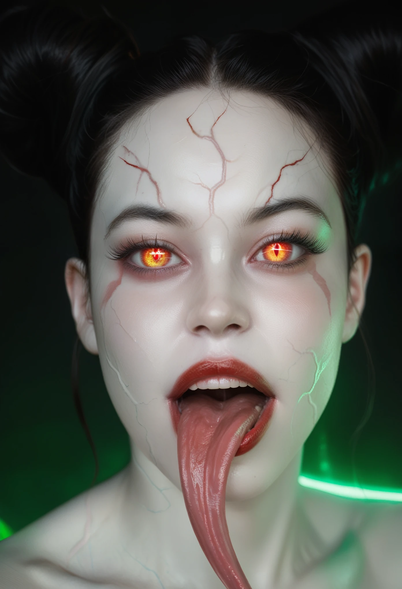 1 beautiful female demon, A scene from a science horror fiction movie, beautiful detailed eyes, (A third eye on the forehead:1.5), beautiful detailed red lips, extremely detailed face and eyes, long eyelashes, long tongue like a snake, intricate insect-like features, glowing compound eyes, scythe-like forelimbs, alien carapace, vibrant colors, futuristic sci-fi environment, neon lights, glowing energy field, complex technological architecture, dramatic lighting, cinematic atmosphere, award winning digital art, hyper realistic, 8k, high quality, masterpiece, Bioluminescence, Translucent skin, thespiritde, white skin, (pale skin with veins visible through it:1.6), Satan's daughter, cinematic lighting, black hair