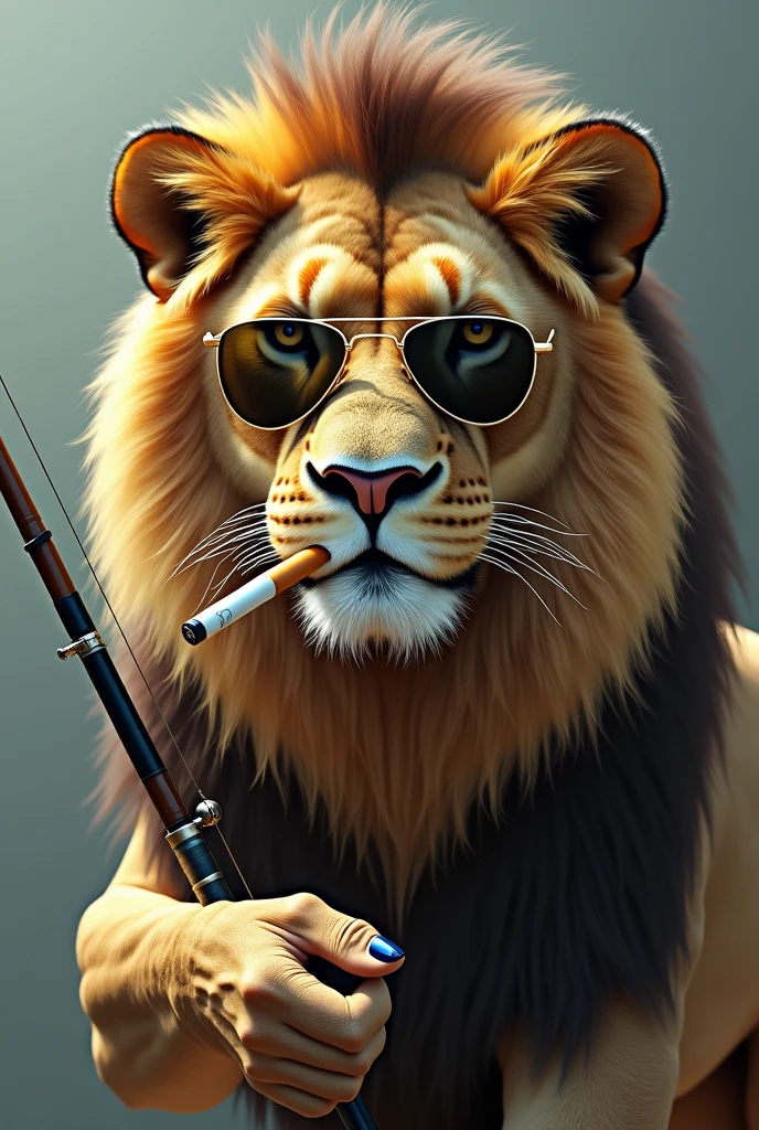 lion with earrings, oculos rayban, smoking a cigarette on a fishing pole