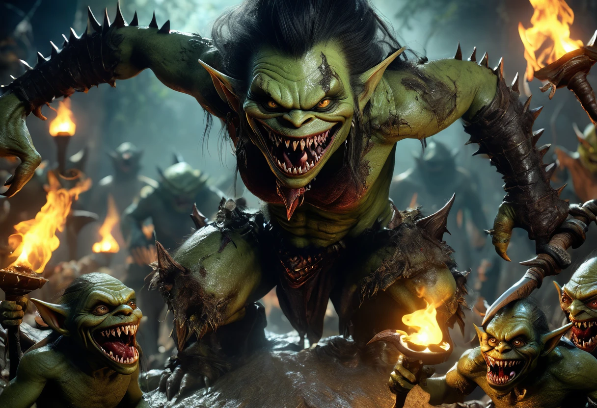 (multiple subjects)(complex details)(a very high quality,4k,8k,highres,masterpiece:1.2), ultra-detailed, realistic, photorealistic:1.37, HDR, UHD, studio lighting, extreme detail description, professional, vivid colors, bokeh, landscape, fantasy, (Overarching theme:Horror Movie), seductive, alluring, detailed faces, (green skin, sexy, buxom, evil, little, insane, cannibal, female goblins) with crude sharp glinting weapons, they have sharp shark like teeth and they are hungry and horny), cannibal black iron cauldron (with a human woman in it), magic glade, moonlight, full body, show goblins from head to toe, show her entire body