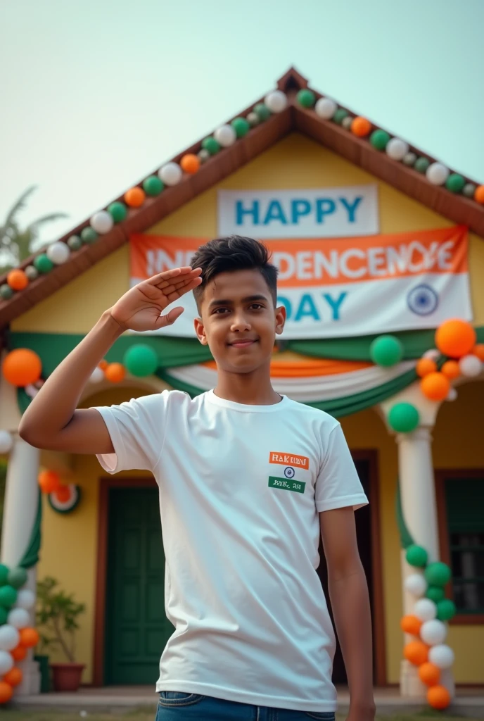 A real 20 year old boy , wearing a white "hakaram gurjar" T-shirt stands in front of a house decorated with Indian flags and tricolor balloons, saluting for an upcoming Independence Day celebration. The house has a large banner that reads "HAPPY INDEPENDENCE DAY 2024 and make sure text should be correct.