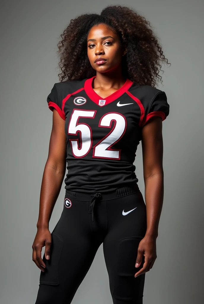 A photo of Jade Thompson, a fullback for the female Georgia Bulldogs football team. Number 52. Black and curvy