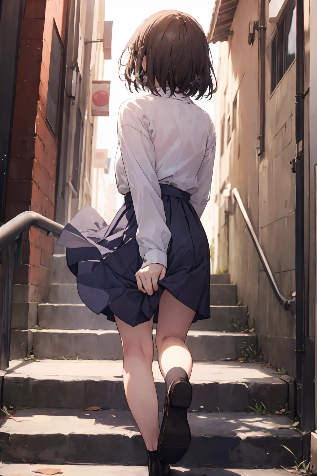 animese anime girl in skirt and blouse, walking up the stairs, 1girl, stairs, skirt, brown hair,long hair,solo, grey skirt, ((((long skirt)))),school uniform, pleated skirt,(((covering ass))), blush, long sleeves, bangs,(( from behind)),full body,White panties,bag,clothes tug, skirt tug, wind, wind lift